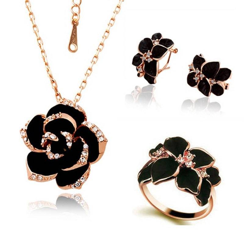 Rose Flower Enamel Jewelry Set Rose Gold Color Black Bridal Jewelry Sets for Women Wedding - TheWellBeing4All