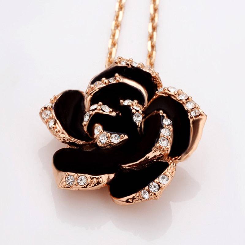 Rose Flower Enamel Jewelry Set Rose Gold Color Black Bridal Jewelry Sets for Women Wedding - TheWellBeing4All