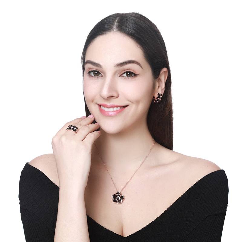 Rose Flower Enamel Jewelry Set Rose Gold Color Black Bridal Jewelry Sets for Women Wedding - TheWellBeing4All