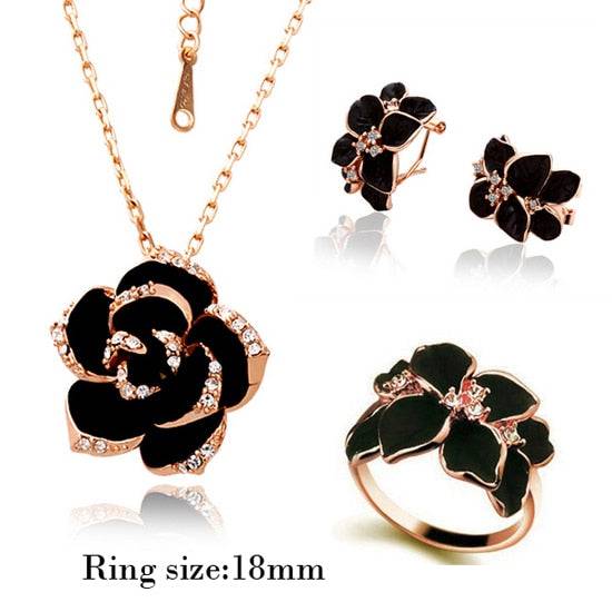 Rose Flower Enamel Jewelry Set Rose Gold Color Black Bridal Jewelry Sets for Women Wedding - TheWellBeing4All