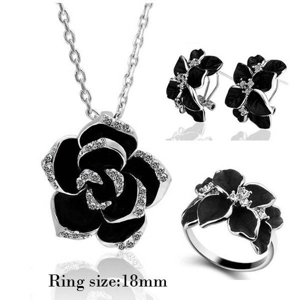 Rose Flower Enamel Jewelry Set Rose Gold Color Black Bridal Jewelry Sets for Women Wedding - TheWellBeing4All