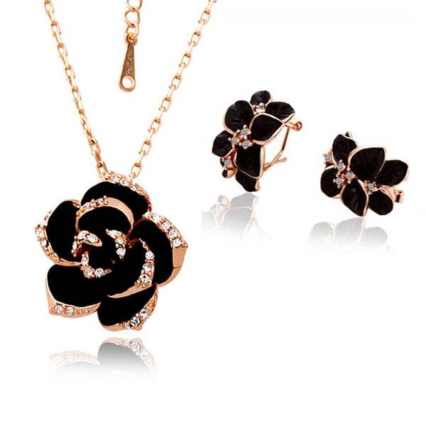 Rose Flower Enamel Jewelry Set Rose Gold Color Black Bridal Jewelry Sets for Women Wedding - TheWellBeing4All