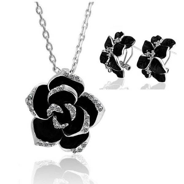 Rose Flower Enamel Jewelry Set Rose Gold Color Black Bridal Jewelry Sets for Women Wedding - TheWellBeing4All