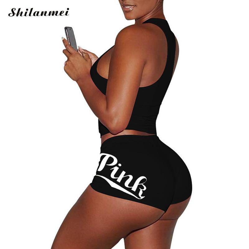 Women'S Tracksuit Set Pink Letter Print Casual Summer Two Piece Sets Plus Size Tracksuits Women Tank Top and Shorts Outfit - TheWellBeing4All