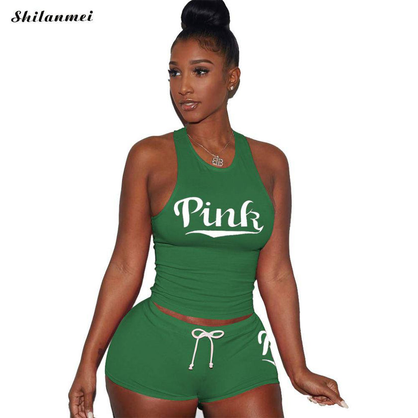 Women'S Tracksuit Set Pink Letter Print Casual Summer Two Piece Sets Plus Size Tracksuits Women Tank Top and Shorts Outfit - TheWellBeing4All