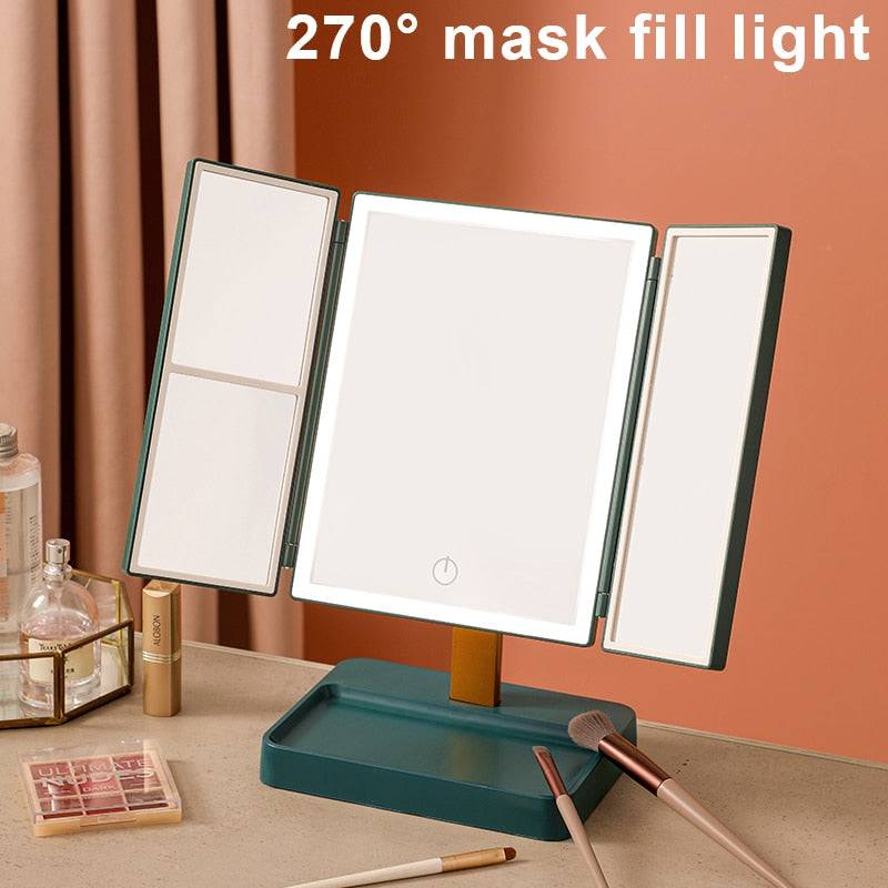 LED Light Vanity Mirror Magnifying Cosmetic 3 Folding Makeup Mirrors 270 Rotation Stepless Dimmer Beauty Table Mirrors - TheWellBeing4All