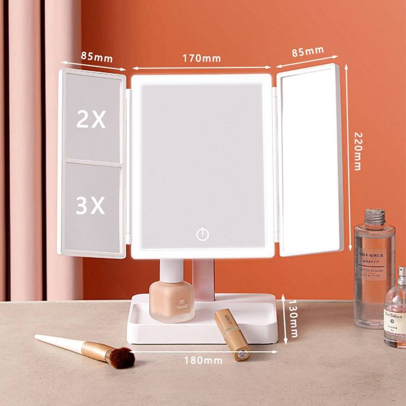 LED Light Vanity Mirror Magnifying Cosmetic 3 Folding Makeup Mirrors 270 Rotation Stepless Dimmer Beauty Table Mirrors - TheWellBeing4All