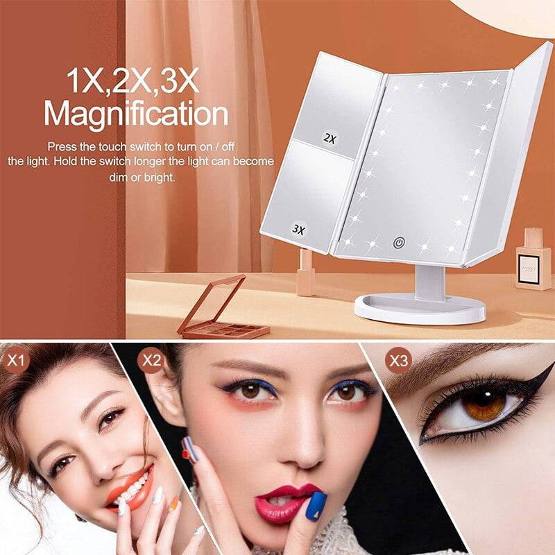 LED Light Vanity Mirror Magnifying Cosmetic 3 Folding Makeup Mirrors 270 Rotation Stepless Dimmer Beauty Table Mirrors - TheWellBeing4All