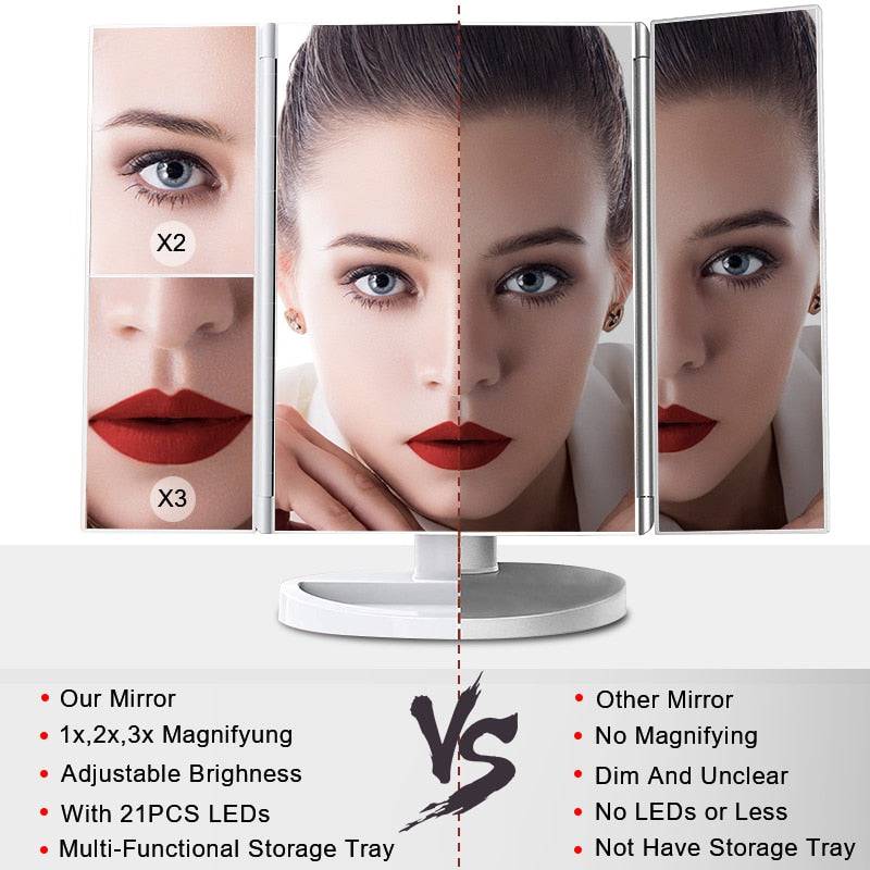 LED Light Vanity Mirror Magnifying Cosmetic 3 Folding Makeup Mirrors 270 Rotation Stepless Dimmer Beauty Table Mirrors - TheWellBeing4All