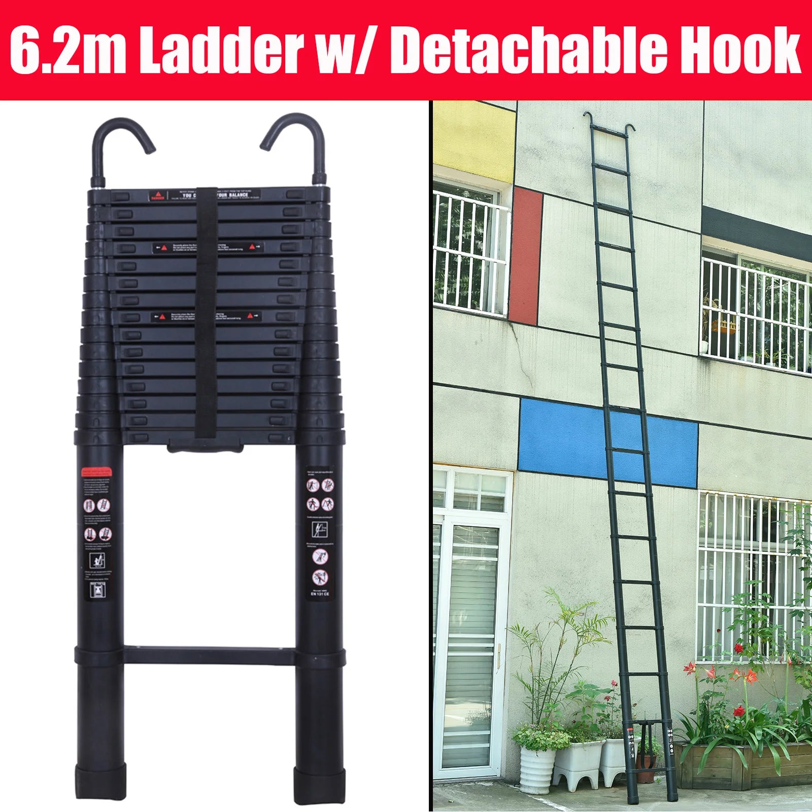 3.2M-6.2M Heavy Duty Aluminum Telescopic Ladder - Dual Mode A-Frame & Extension Ladder with Detachable Hooks, Anti-Slip Steps, 150kg Capacity, Compact Foldable Design - TheWellBeing4All