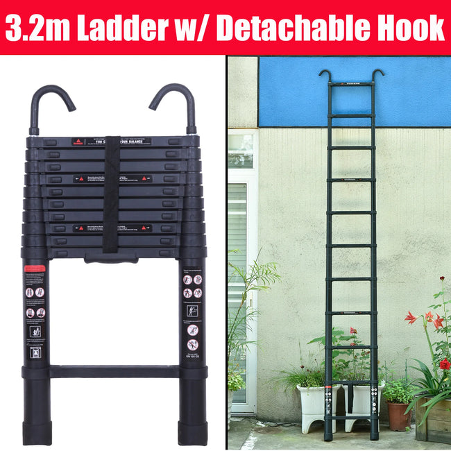 3.2M-6.2M Heavy Duty Aluminum Telescopic Ladder - Dual Mode A-Frame & Extension Ladder with Detachable Hooks, Anti-Slip Steps, 150kg Capacity, Compact Foldable Design - TheWellBeing4All