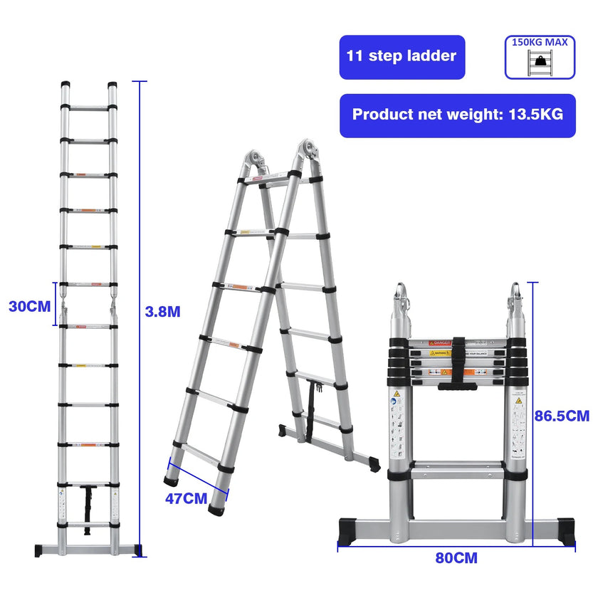 3.2M-6.2M Heavy Duty Aluminum Telescopic Ladder - Dual Mode A-Frame & Extension Ladder with Detachable Hooks, Anti-Slip Steps, 150kg Capacity, Compact Foldable Design - TheWellBeing4All