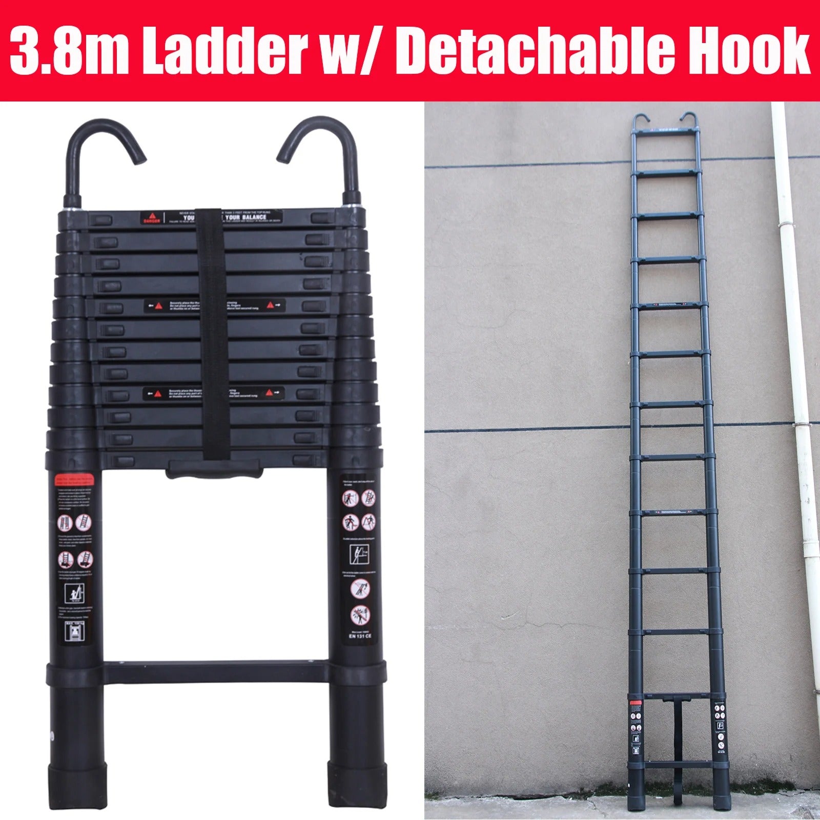 3.2M-6.2M Heavy Duty Aluminum Telescopic Ladder - Dual Mode A-Frame & Extension Ladder with Detachable Hooks, Anti-Slip Steps, 150kg Capacity, Compact Foldable Design - TheWellBeing4All