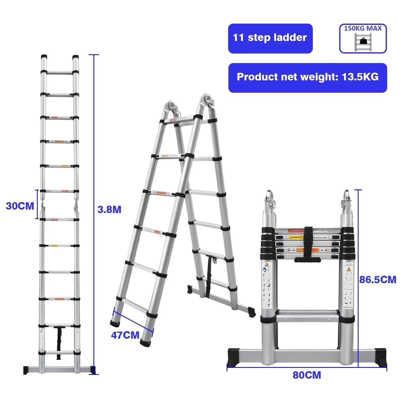 3.2M-6.2M Heavy Duty Aluminum Telescopic Ladder - Dual Mode A-Frame & Extension Ladder with Detachable Hooks, Anti-Slip Steps, 150kg Capacity, Compact Foldable Design - TheWellBeing4All
