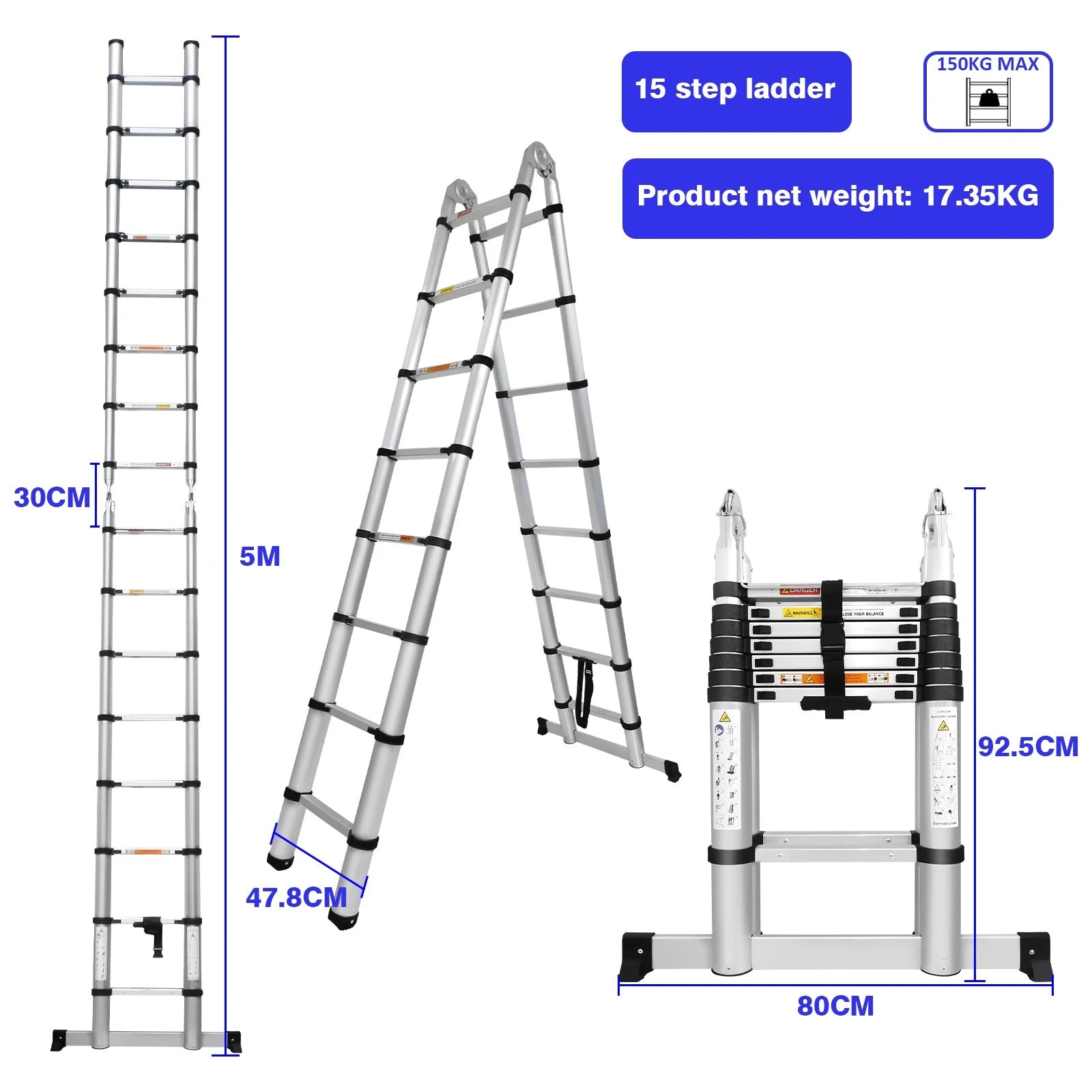 3.2M-6.2M Heavy Duty Aluminum Telescopic Ladder - Dual Mode A-Frame & Extension Ladder with Detachable Hooks, Anti-Slip Steps, 150kg Capacity, Compact Foldable Design - TheWellBeing4All
