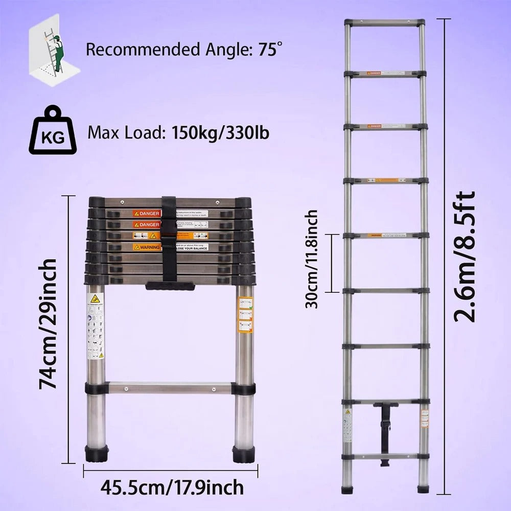 3.2M-6.2M Heavy Duty Aluminum Telescopic Ladder - Dual Mode A-Frame & Extension Ladder with Detachable Hooks, Anti-Slip Steps, 150kg Capacity, Compact Foldable Design - TheWellBeing4All