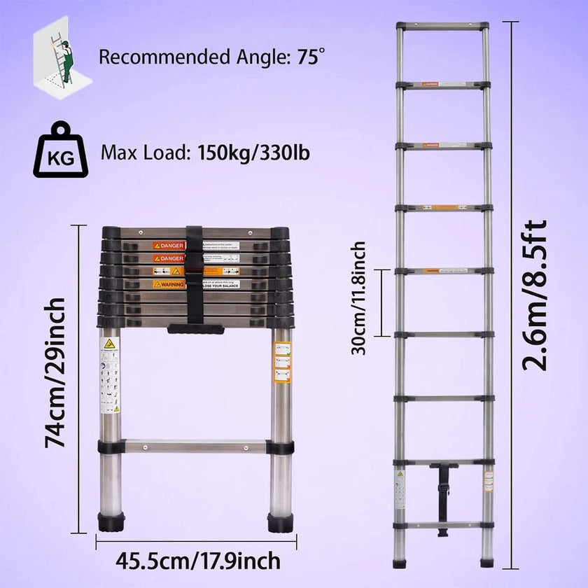 3.2M-6.2M Heavy Duty Aluminum Telescopic Ladder - Dual Mode A-Frame & Extension Ladder with Detachable Hooks, Anti-Slip Steps, 150kg Capacity, Compact Foldable Design - TheWellBeing4All