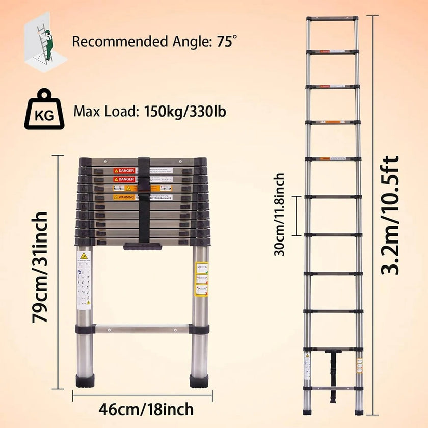 3.2M-6.2M Heavy Duty Aluminum Telescopic Ladder - Dual Mode A-Frame & Extension Ladder with Detachable Hooks, Anti-Slip Steps, 150kg Capacity, Compact Foldable Design - TheWellBeing4All