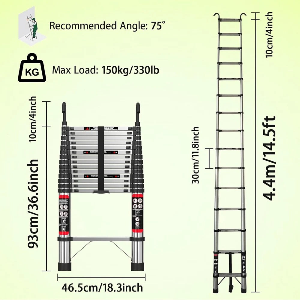 3.2M-6.2M Heavy Duty Aluminum Telescopic Ladder - Dual Mode A-Frame & Extension Ladder with Detachable Hooks, Anti-Slip Steps, 150kg Capacity, Compact Foldable Design - TheWellBeing4All