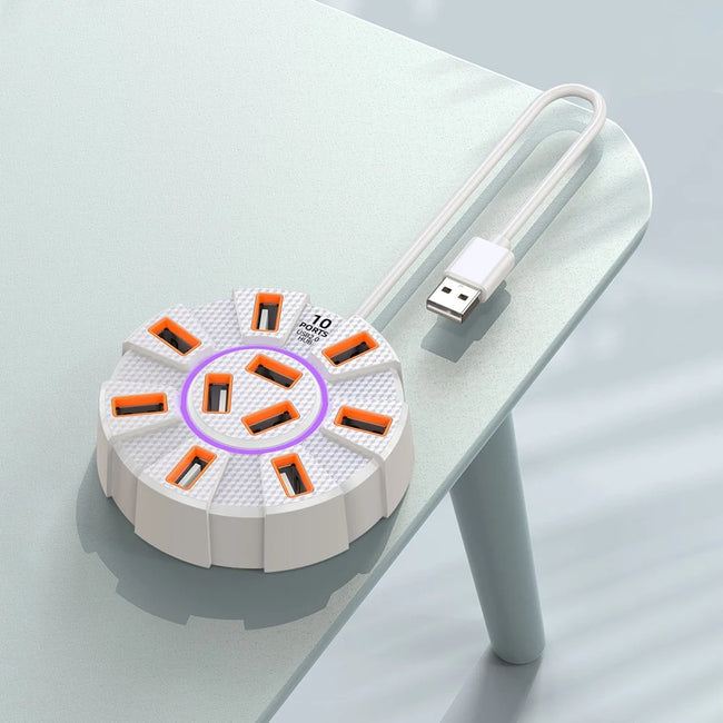 10-Port USB 2.0 Hub with RGB Lighting | 1-to-10 Splitter for Mouse/Keyboard/HDD | 5V 2A Type-C Powered (Windows/Mac/Linux) - TheWellBeing4All