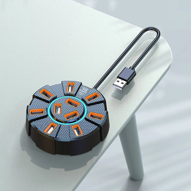 10-Port USB 2.0 Hub with RGB Lighting | 1-to-10 Splitter for Mouse/Keyboard/HDD | 5V 2A Type-C Powered (Windows/Mac/Linux) - TheWellBeing4All