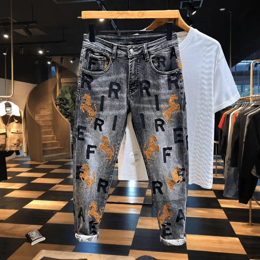 Men's Embroidered Slim Fit Jeans: Casual Streetwear, Chic Pencil Pants - TheWellBeing4All
