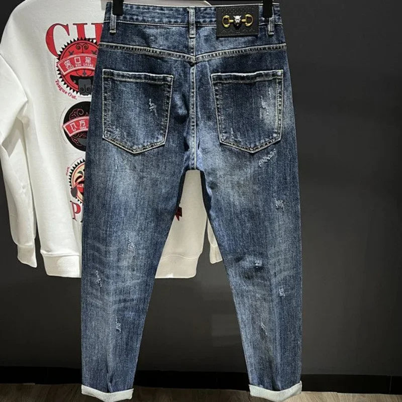 Men's Tapered Torn Cowboy Jeans: Ripped, Graphic Trousers, Korean Style Denim - TheWellBeing4All