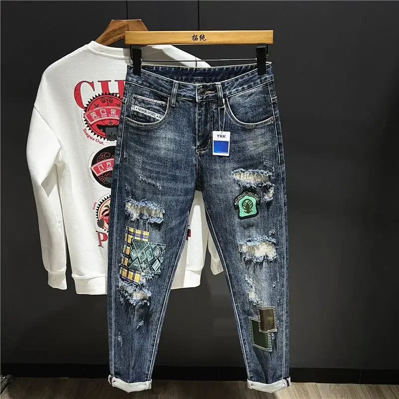 Men's Tapered Torn Cowboy Jeans: Ripped, Graphic Trousers, Korean Style Denim - TheWellBeing4All