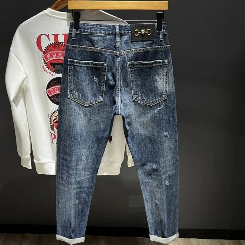 Men's Tapered Torn Cowboy Jeans: Ripped, Graphic Trousers, Korean Style Denim - TheWellBeing4All