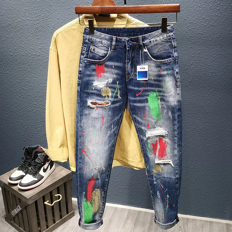 Spray Paint, Ripped Hole Slim Fit Jeans - TheWellBeing4All