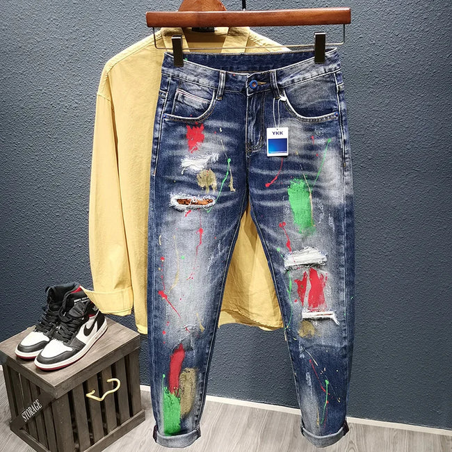 Spray Paint, Ripped Hole Slim Fit Jeans - TheWellBeing4All