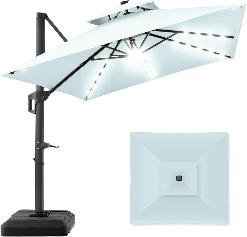 10x10ft Cantilever Patio Umbrella with Solar LED Lights – 2-Tier Offset Hanging Umbrella, 360° Rotation & Fillable Sand/Water Base (100 sqft Shade) - TheWellBeing4All