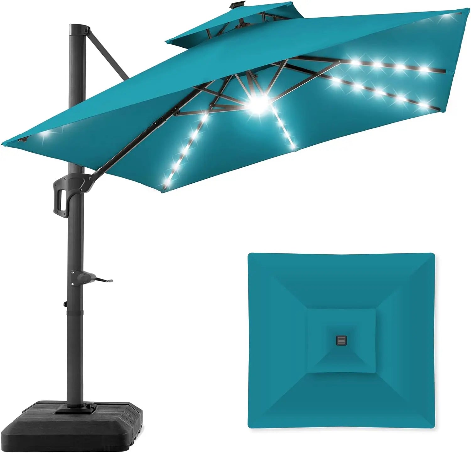 10x10ft Cantilever Patio Umbrella with Solar LED Lights – 2-Tier Offset Hanging Umbrella, 360° Rotation & Fillable Sand/Water Base (100 sqft Shade) - TheWellBeing4All