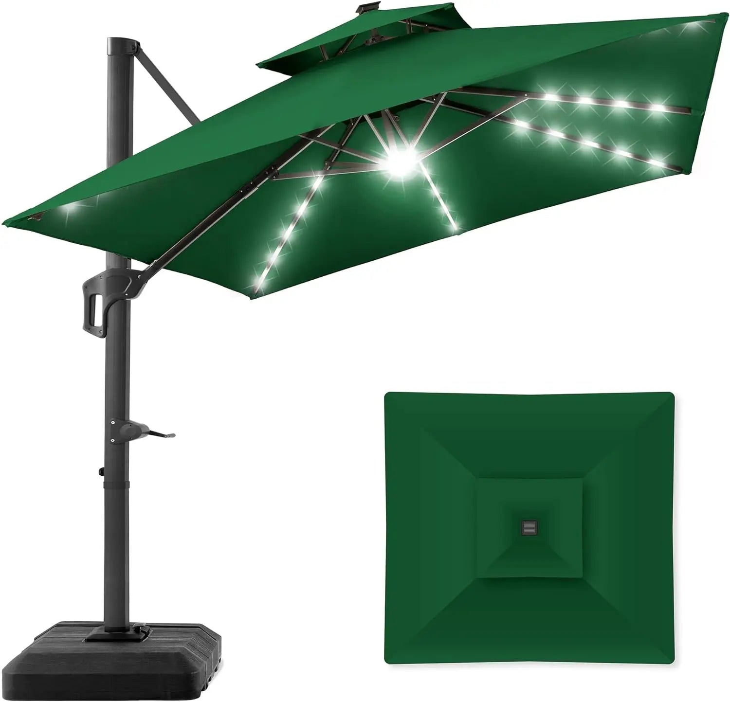 10x10ft Cantilever Patio Umbrella with Solar LED Lights – 2-Tier Offset Hanging Umbrella, 360° Rotation & Fillable Sand/Water Base (100 sqft Shade) - TheWellBeing4All