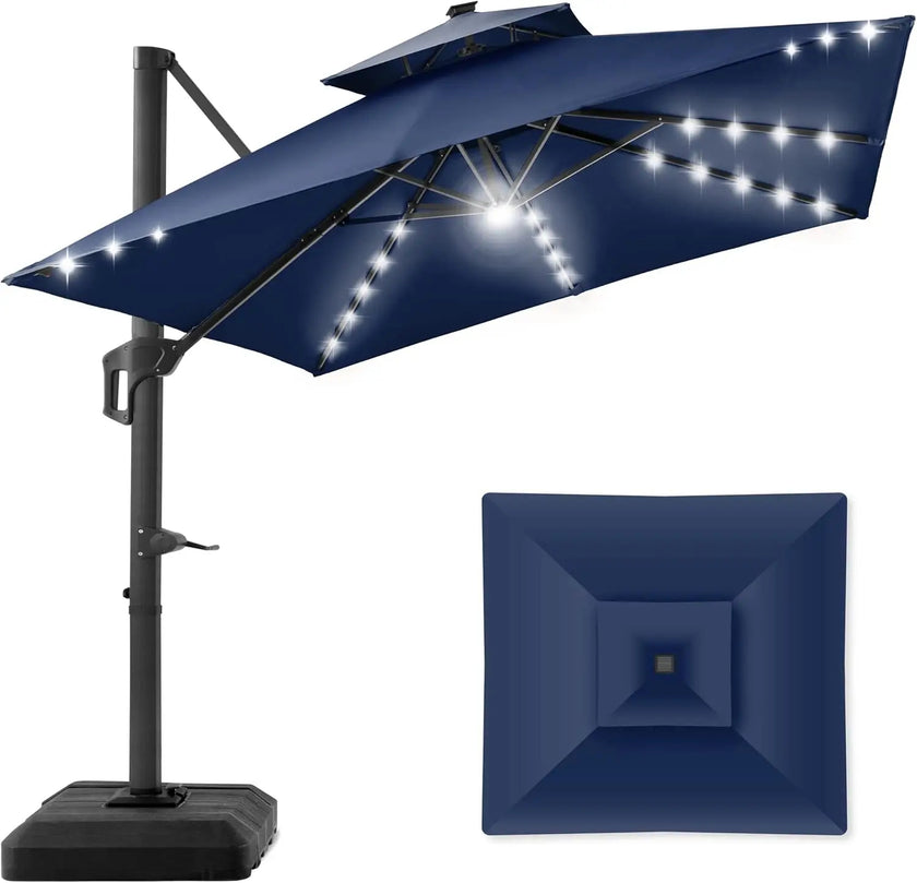 10x10ft Cantilever Patio Umbrella with Solar LED Lights – 2-Tier Offset Hanging Umbrella, 360° Rotation & Fillable Sand/Water Base (100 sqft Shade) - TheWellBeing4All