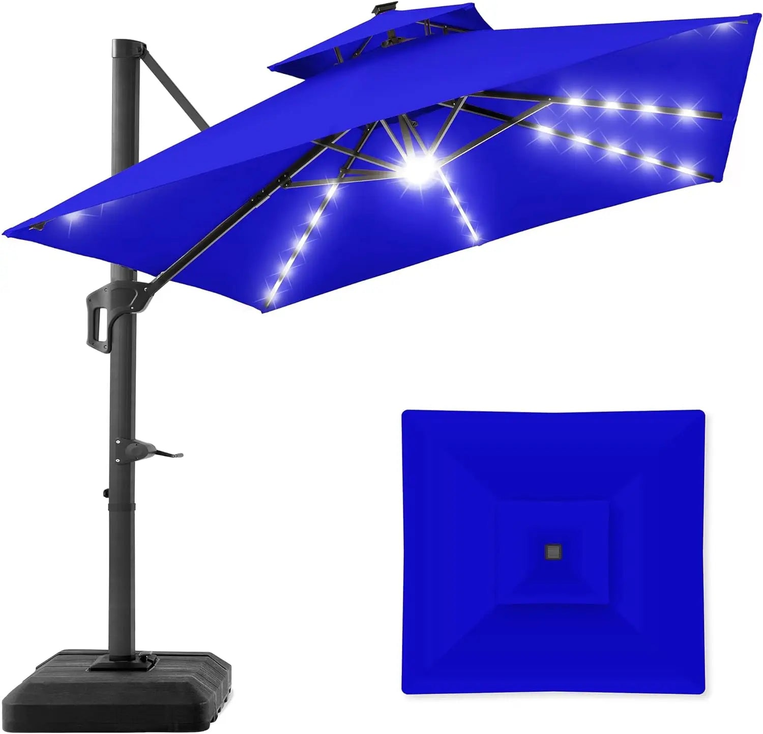 10x10ft Cantilever Patio Umbrella with Solar LED Lights – 2-Tier Offset Hanging Umbrella, 360° Rotation & Fillable Sand/Water Base (100 sqft Shade) - TheWellBeing4All