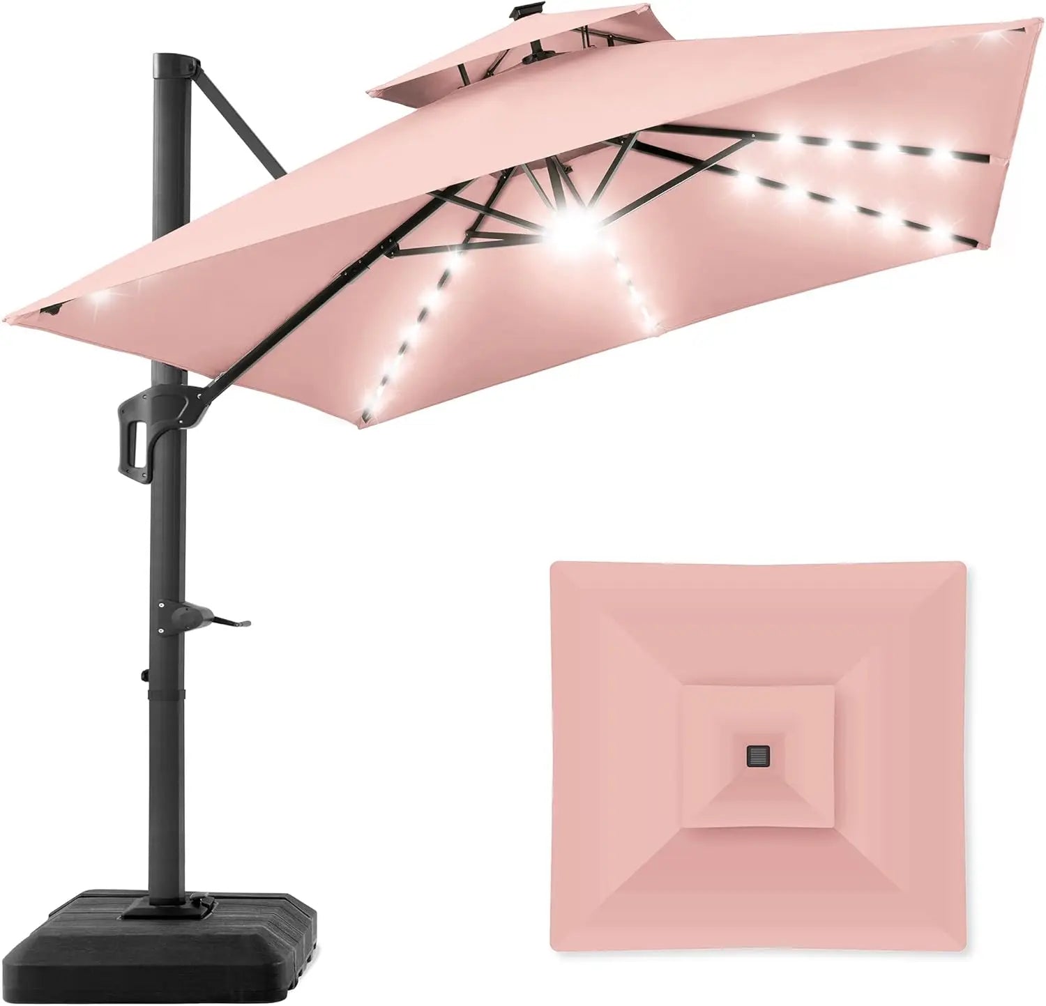 10x10ft Cantilever Patio Umbrella with Solar LED Lights – 2-Tier Offset Hanging Umbrella, 360° Rotation & Fillable Sand/Water Base (100 sqft Shade) - TheWellBeing4All