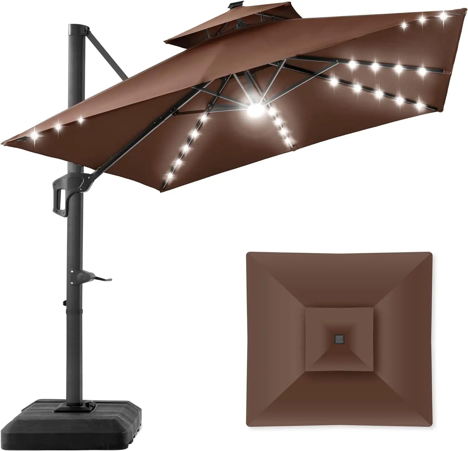 10x10ft Cantilever Patio Umbrella with Solar LED Lights – 2-Tier Offset Hanging Umbrella, 360° Rotation & Fillable Sand/Water Base (100 sqft Shade) - TheWellBeing4All