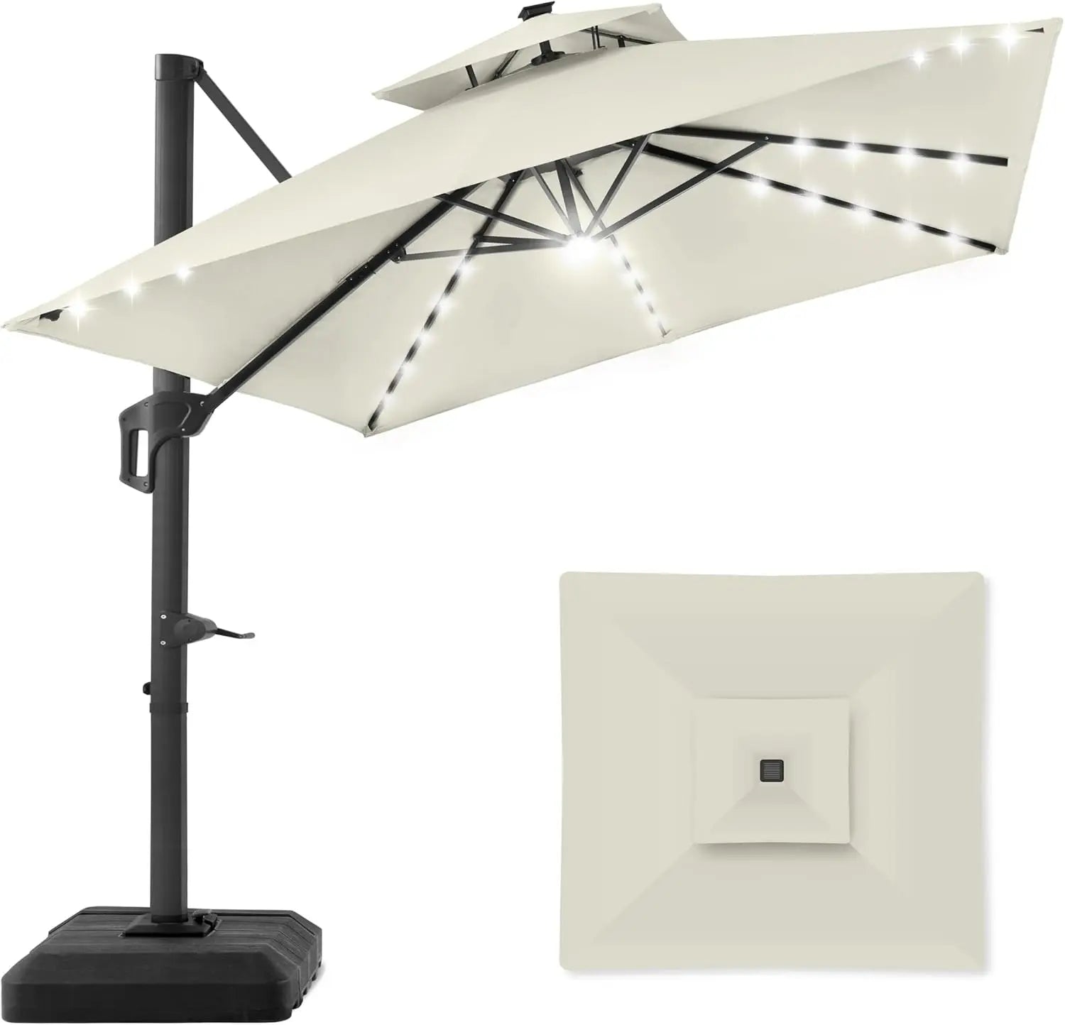 10x10ft Cantilever Patio Umbrella with Solar LED Lights – 2-Tier Offset Hanging Umbrella, 360° Rotation & Fillable Sand/Water Base (100 sqft Shade) - TheWellBeing4All