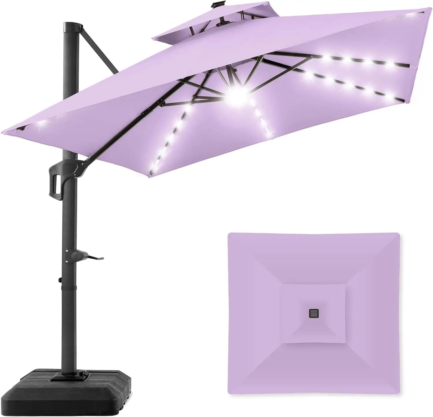 10x10ft Cantilever Patio Umbrella with Solar LED Lights – 2-Tier Offset Hanging Umbrella, 360° Rotation & Fillable Sand/Water Base (100 sqft Shade) - TheWellBeing4All