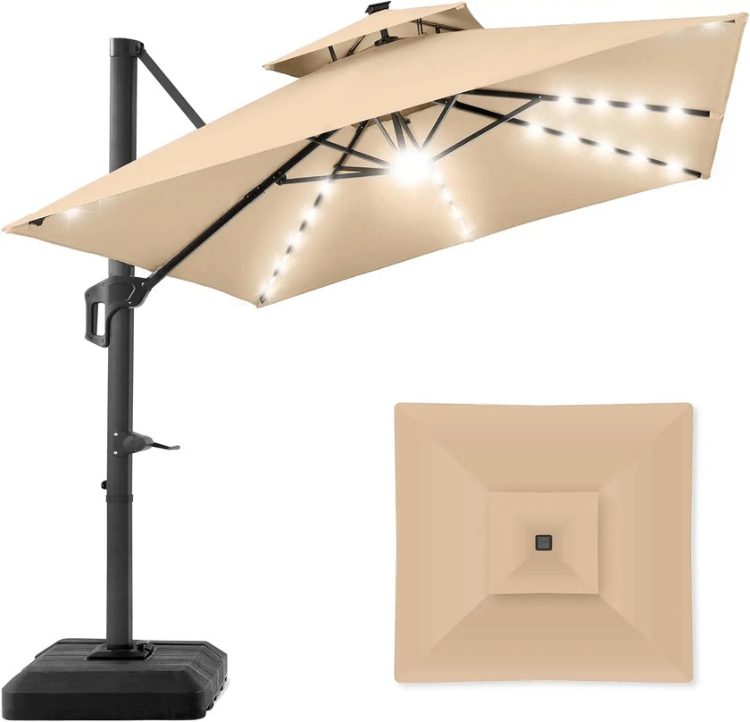 10x10ft Cantilever Patio Umbrella with Solar LED Lights – 2-Tier Offset Hanging Umbrella, 360° Rotation & Fillable Sand/Water Base (100 sqft Shade) - TheWellBeing4All