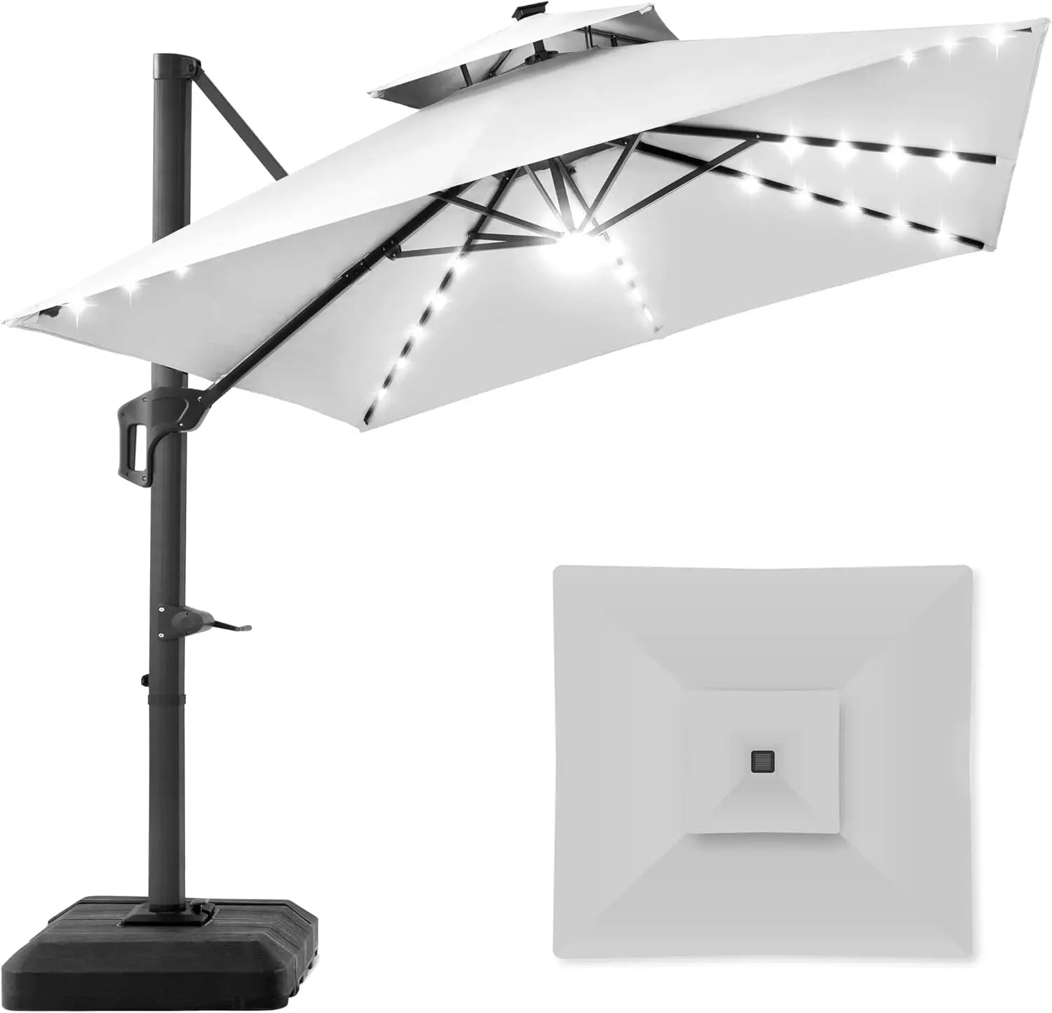 10x10ft Cantilever Patio Umbrella with Solar LED Lights – 2-Tier Offset Hanging Umbrella, 360° Rotation & Fillable Sand/Water Base (100 sqft Shade) - TheWellBeing4All
