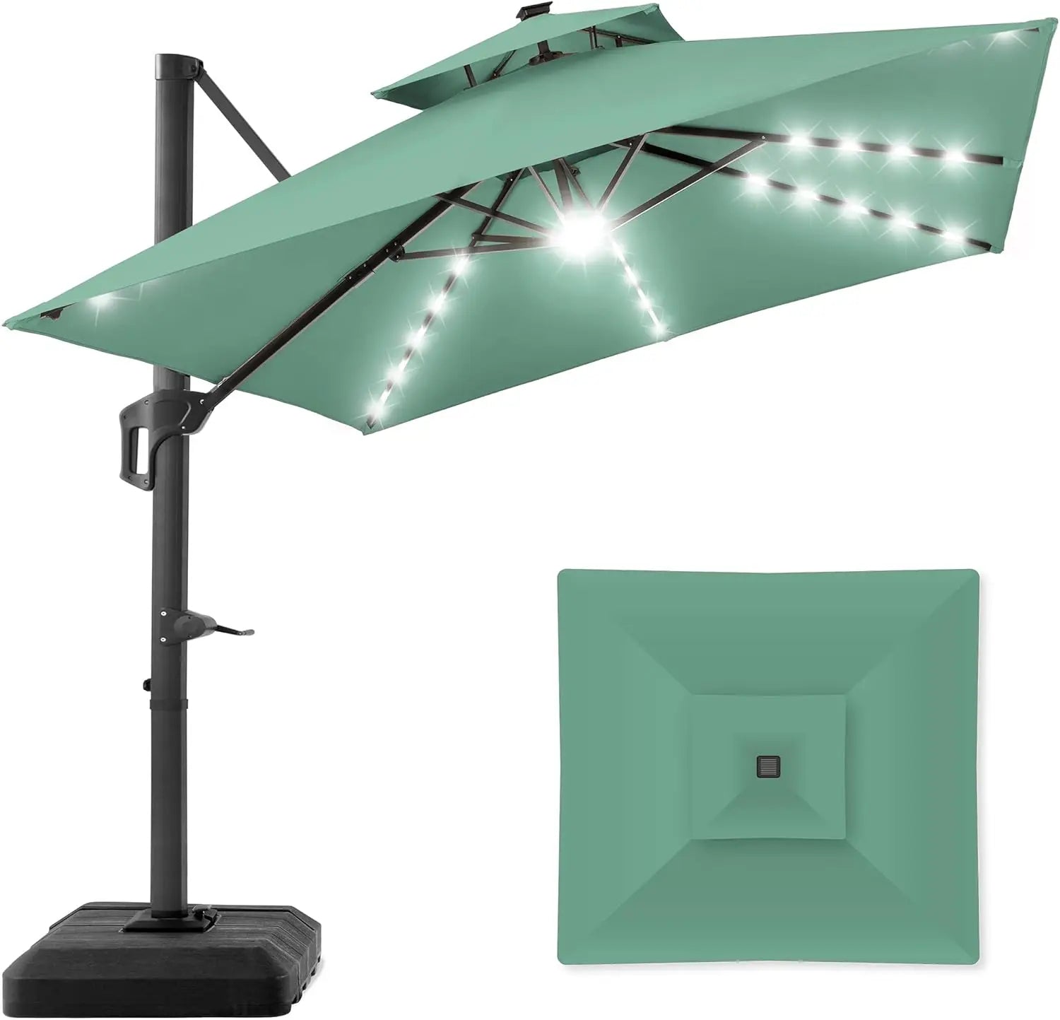 10x10ft Cantilever Patio Umbrella with Solar LED Lights – 2-Tier Offset Hanging Umbrella, 360° Rotation & Fillable Sand/Water Base (100 sqft Shade) - TheWellBeing4All