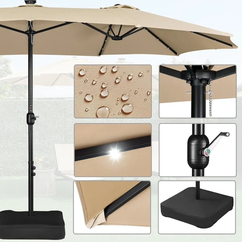 15ft Solar LED Rectangle Patio Umbrella – Heavy-Duty Outdoor Market Umbrella with 36 Lights, Base Included & Wind-Resistant Design - TheWellBeing4All