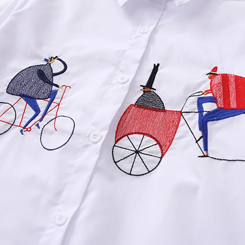 Women’s White Casual Embroidered Blouse – Loose Fit Long Sleeve Button-Up Shirt, Cotton-Polyester Blend for Autumn/Winter (Midweight, Non-Stretch) - TheWellBeing4All