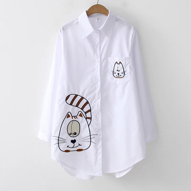 Women’s White Casual Embroidered Blouse – Loose Fit Long Sleeve Button-Up Shirt, Cotton-Polyester Blend for Autumn/Winter (Midweight, Non-Stretch) - TheWellBeing4All