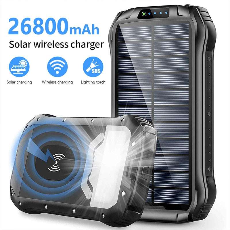 26800mAh Solar Power Bank with Wireless Charging, LED Camping Light, Waterproof & Fast Charging – Powerbank
