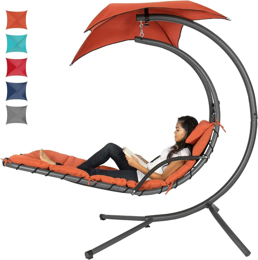 Best Choice Products Outdoor Hanging Curved Steel Chaise Lounge Chair Swing w/ Pillow & Removable Canopy - Red