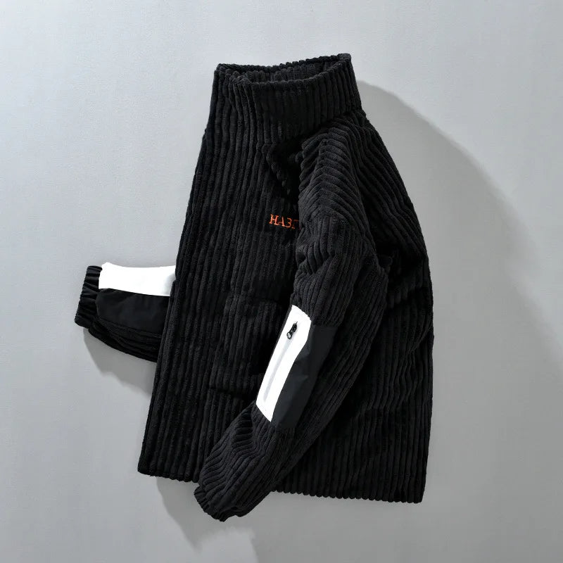 High Street Men's Patchwork Corduroy Coat – Chic Embroidery, Stand Collar, and Warm Winter Jacket - TheWellBeing4All