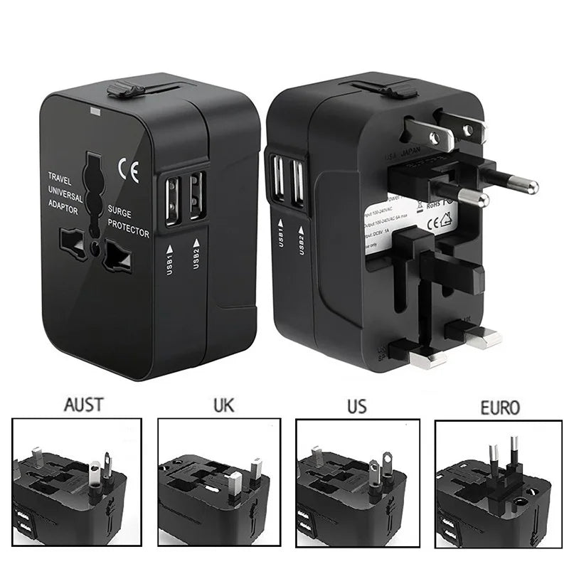 Universal Travel Plug Adapter – Multi-Function Charger with 2 USB Ports - TheWellBeing4All